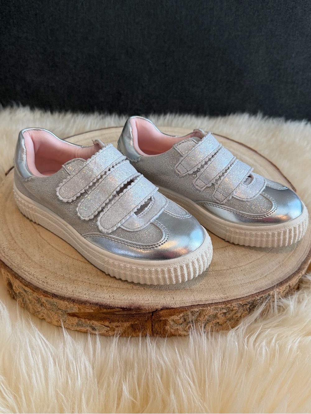 NEW Tucker + Tate Silver Glitter Velcro Sneakers with Pink Lining